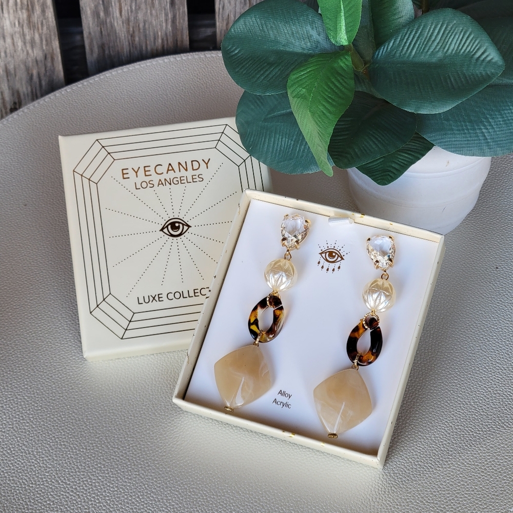 Eye Candy Luxe tortoise acetate dangle gold tone earrings - Picture 2 of 5